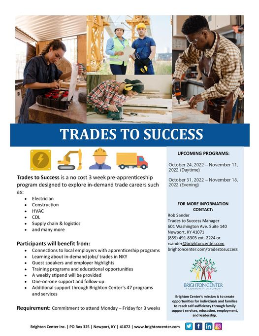 NKYCareerCenter's tweet photo. OCTOBER DATES AVAILABLE! This is a FREE 3-wk. pre-apprenticeship program designed to assist individuals explore trades &amp; find a career they love.  Contact Rob Sander at 859-491-8303, ext. 2224 or email rsander@brightoncenter.com #trades #construction #advancedmanufacturing https://t.co/FM153KvJ3o