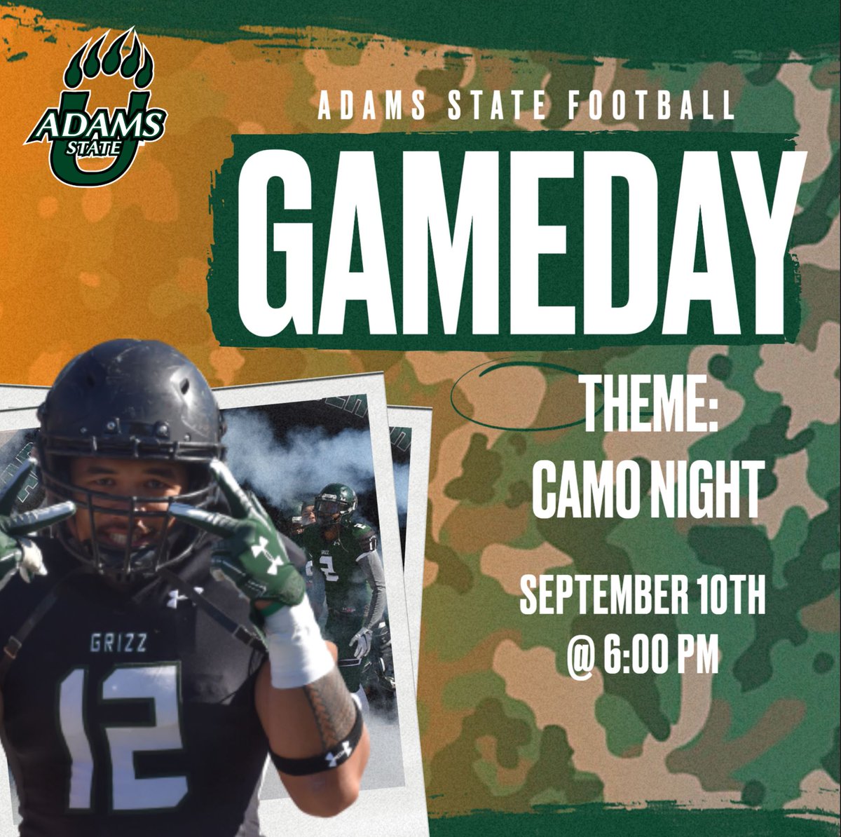 ASUGrizzlies's tweet photo. CAMO NIGHT! Who's ready for some night football! Be sure to come out to Rex Stadium for football against WTAMU! https://t.co/uqaIZHpclO