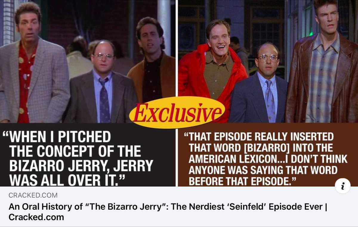 An #OralHistory of my episode <a href="/SeinfeldTV/">Seinfeld</a>'s "#TheBizarroJerry” aka #manhands. 
Interviews with me and all the Bizarros: <a href="/TimDeKay/">Tim DeKay</a>, <a href="/kilbaneofficial/">Pat Kilbane</a> <a href="/kyletheffner/">kyle t. heffner</a>!
Plus highlights from my #Bizarro #originalcomicart collection. Thanks, <a href="/bvanhooker/">Brian VanHooker</a> 
cracked.com/article_35185_…
