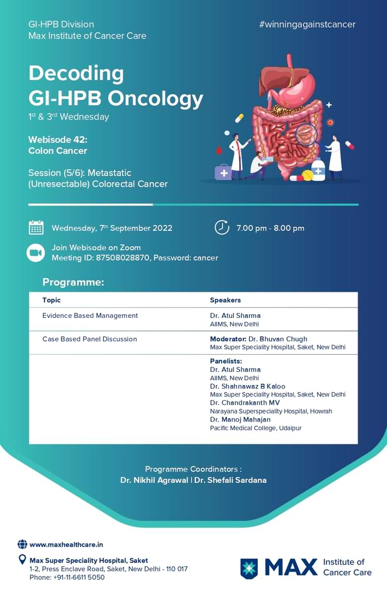 Dr. Nikhil Agrawal (@drnkhl) on Twitter photo Webisode#42 | Decoding GI-HPB Oncology
07 Sep 2022, Wed, 7 PM
Metastatic-Unresectable Colorectal Cancer
gioncology.in
<a href="/MaxInstCancCare/">Max Institute of Cancer Care</a> <a href="/manishdoc2000/">Manish Jain</a> <a href="/asitaroraSURG/">Asit Arora</a> <a href="/YOURONCOLOGIST/">SANDEEP BATRA</a> <a href="/drshefalisarda1/">Dr. Shefali Sardana</a> <a href="/harit_oncochat/">Harit Chaturvedi</a> <a href="/aiims_newdelhi/">AIIMS, New Delhi 🇮🇳</a> <a href="/bhuvanchugh/">Bhuvan Chugh</a> <a href="/DrKaloo/">Dr Shahnawaz Kaloo</a> <a href="/MaxHealthcare/">Max Healthcare</a> Webisode#42 | Decoding GI-HPB Oncology
07 Sep 2022, Wed, 7 PM
Metastatic-Unresectable Colorectal Cancer
gioncology.in
<a href="/MaxInstCancCare/">Max Institute of Cancer Care</a> <a href="/manishdoc2000/">Manish Jain</a> <a href="/asitaroraSURG/">Asit Arora</a> <a href="/YOURONCOLOGIST/">SANDEEP BATRA</a> <a href="/drshefalisarda1/">Dr. Shefali Sardana</a> <a href="/harit_oncochat/">Harit Chaturvedi</a> <a href="/aiims_newdelhi/">AIIMS, New Delhi 🇮🇳</a> <a href="/bhuvanchugh/">Bhuvan Chugh</a> <a href="/DrKaloo/">Dr Shahnawaz Kaloo</a> <a href="/MaxHealthcare/">Max Healthcare</a>