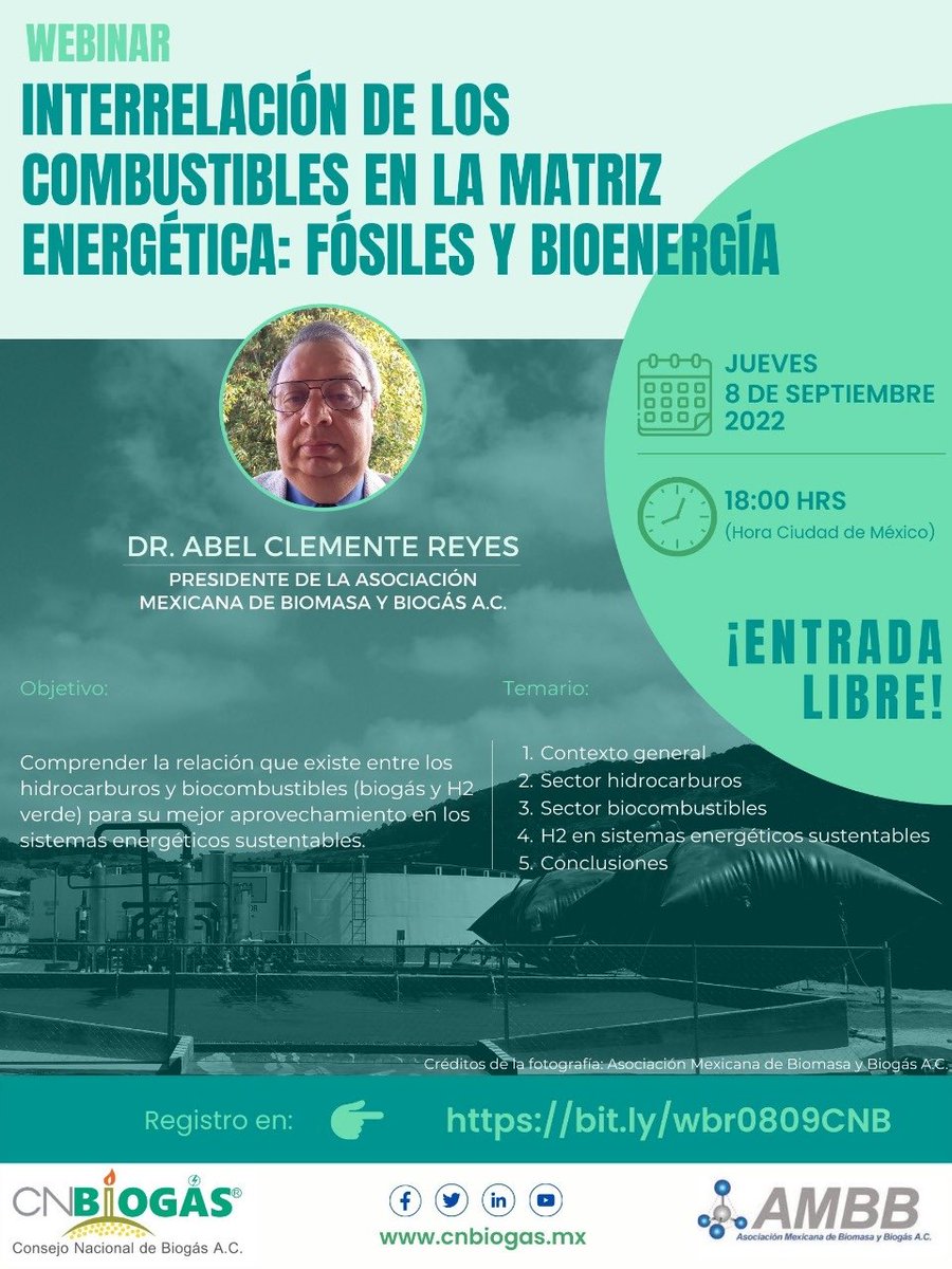 FIUNAM_MX's tweet photo. #Webinar INTERRELACIÓN DE LOS
COMBUSTIBLES EN LA MATRIZ
ENERGÉTICA: FÓSILES Y BIOENERGÍA

📅 8 de septiembre 2022
⏰ 18:00 h. (Hora Ciudad de México)

Registro ➡️ https://t.co/8UuQBCeA09 https://t.co/S9HpVCtg89
