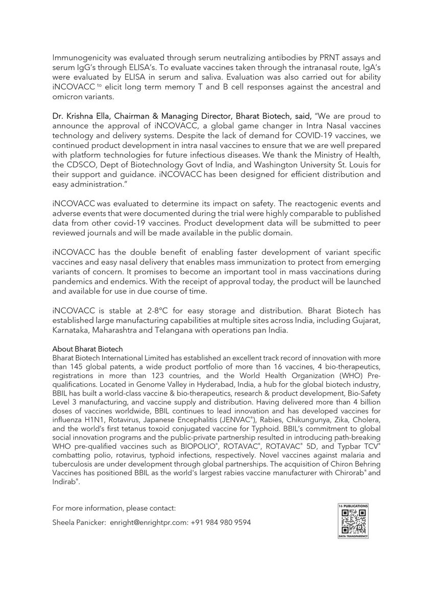 BharatBiotech's tweet photo. Bharat Biotech’s iNCOVACC world’s first Intra Nasal vaccine receives approval for emergency use in India

#BharatBiotech #incovacc #intranasalvaccine #Covid19Vaccine #worldsfirstintranasalvaccine #vaccineapproval #VaccinesWork #India https://t.co/rSpInibxaR