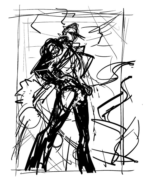こういう構図、もうアホほど描いたからどうしたらいいか分からなくなってるが、内藤泰弘先生みがある感じにしたい 