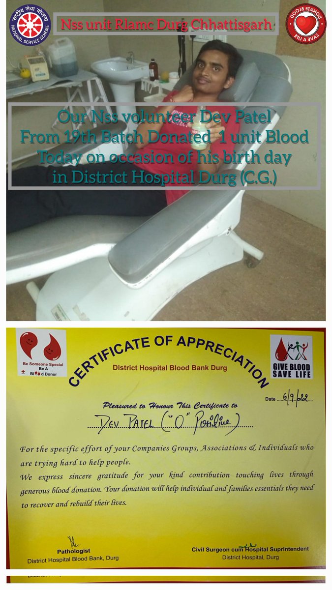 Nss_Rlamc's tweet photo. Our brave nss volunteer Dev patel from 19th Batch has donated 1 unit blood on occasion of his birth day in District hospital 🏥  Blood bank Durg Today We are so proud of you👏🏻 https://t.co/mevTtriM98
