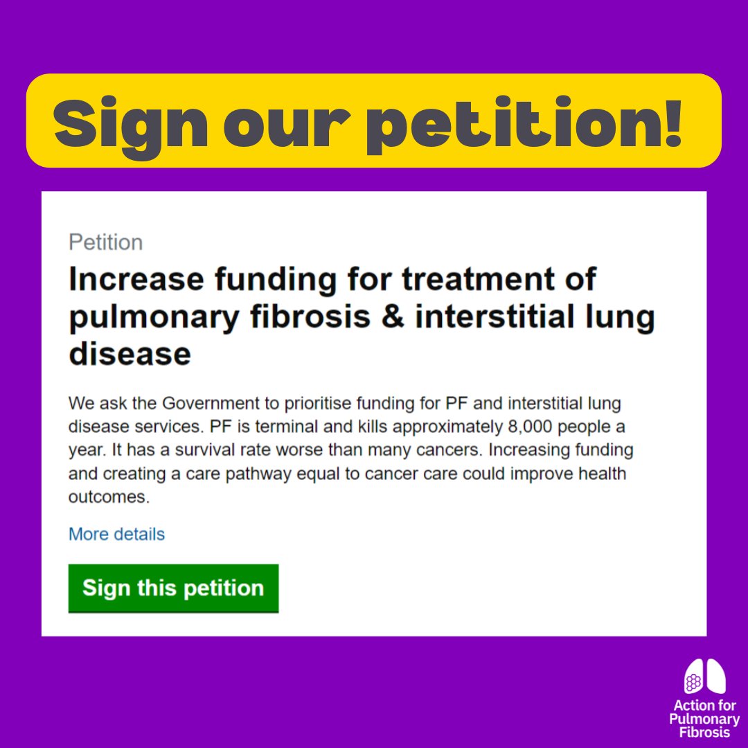 ⛔️ Sign our petition 🗣 We're asking the government to fund a health service for people with #pulmonaryfibrosis that is equal to cancer care: bit.ly/3QkEkvL Help us get to 10,000 signatures by putting your name down and sharing with as many people as possible!