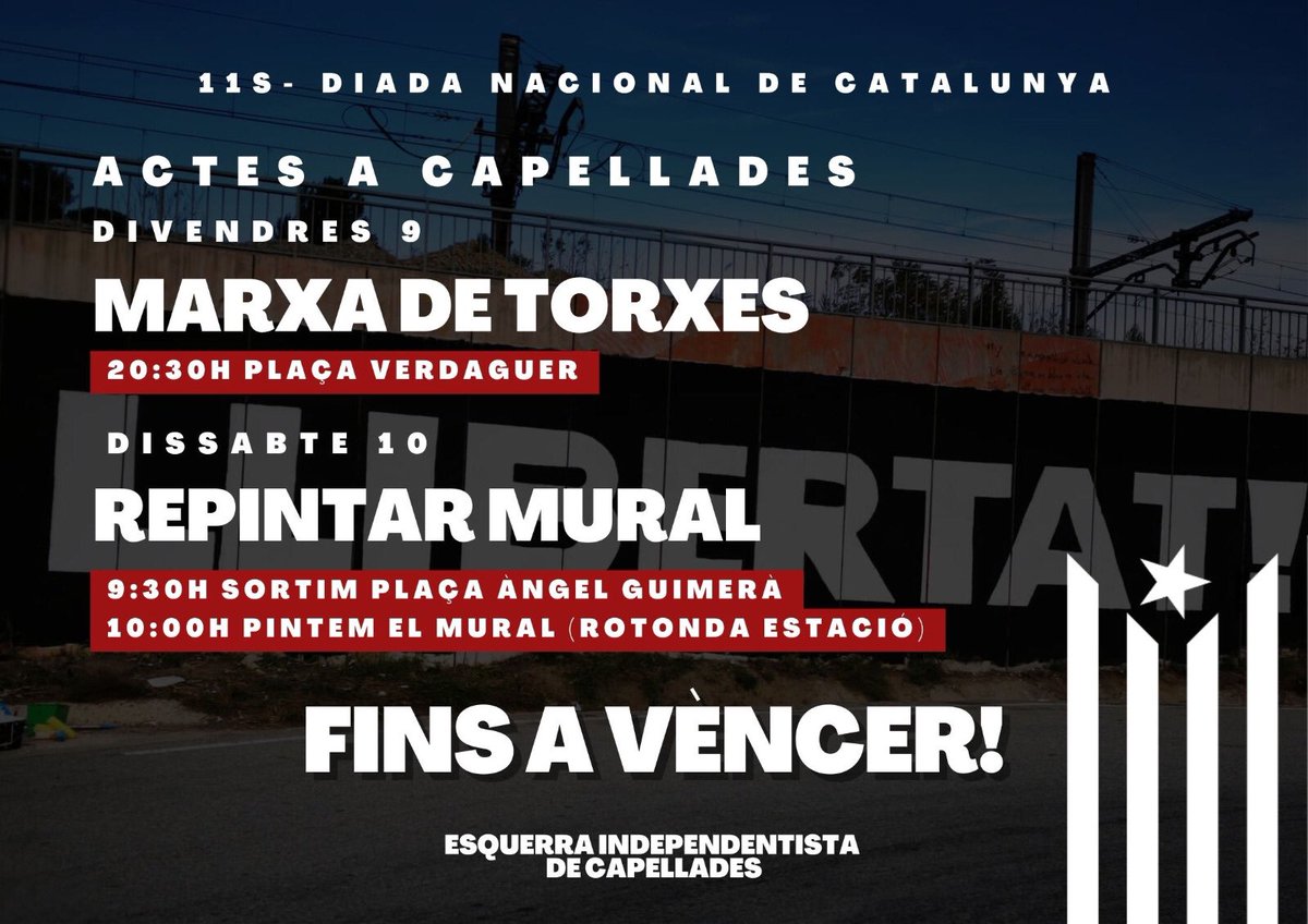 VdCCUP's tweet photo. Aquest cap de setmana, sortim de nou al carrer! Actes de la diada a #Capellades convocats per l’Esquerra Independentista:

➡️ Divendres 9: Marxa de Torxes
➡️ Dissabte 10: Pintada de Mural
 
Fins a vèncer!
#independència #socialisme #feminisme #PaïsosCatalans https://t.co/HfuL80cvbh