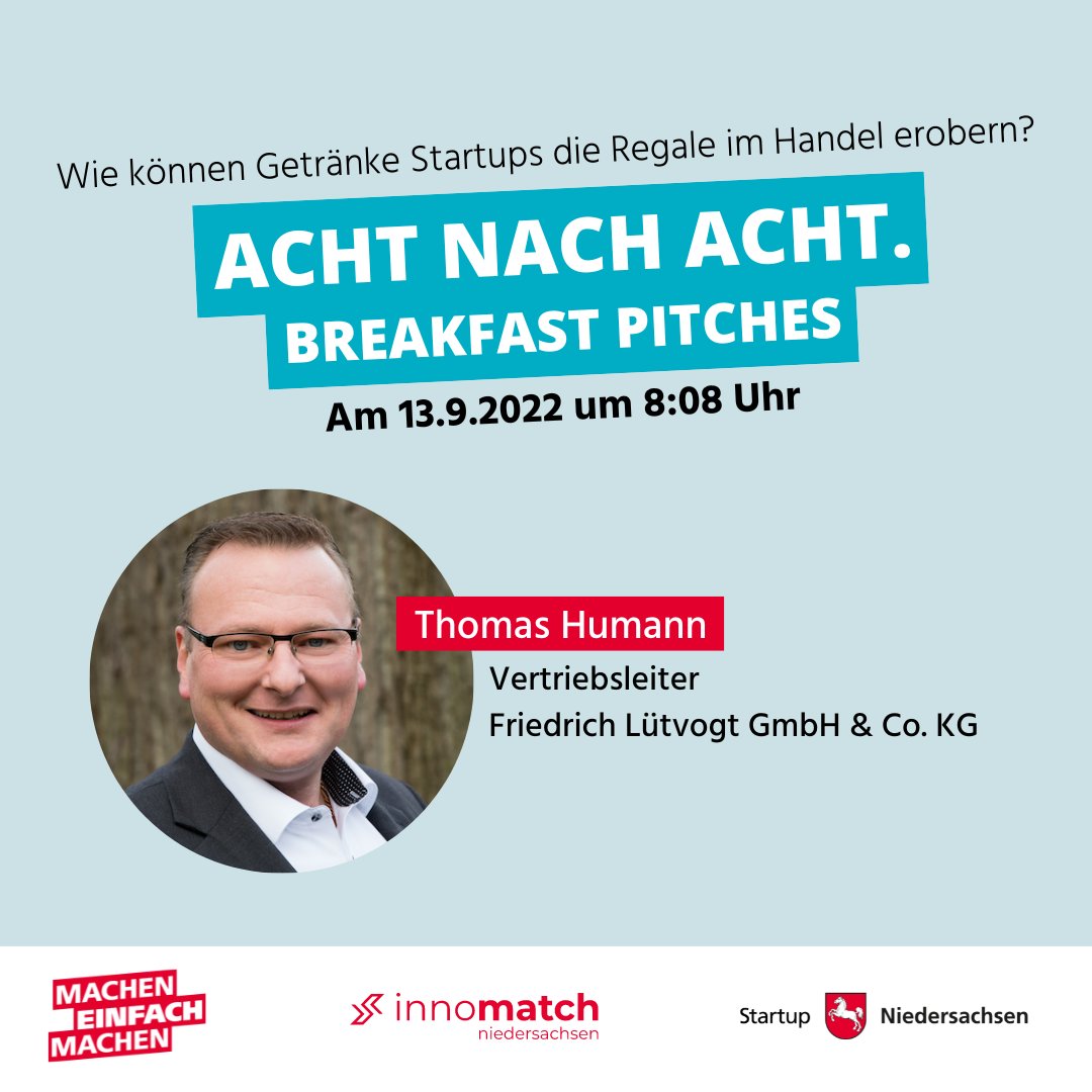 @Getränkestartups habt ihr euch schon den neuen Breakfast Pitch in den Kalender eingetragen?🚨 
Am 13.9. um 8:08 dreht sich alles um Getränkestartups und ihren Weg in die Handelsregale. Zu Gast ist Thomas Humann, der Vertreibsleiter von Lütvogt. Anmeldung: bit.ly/3esZ0UT