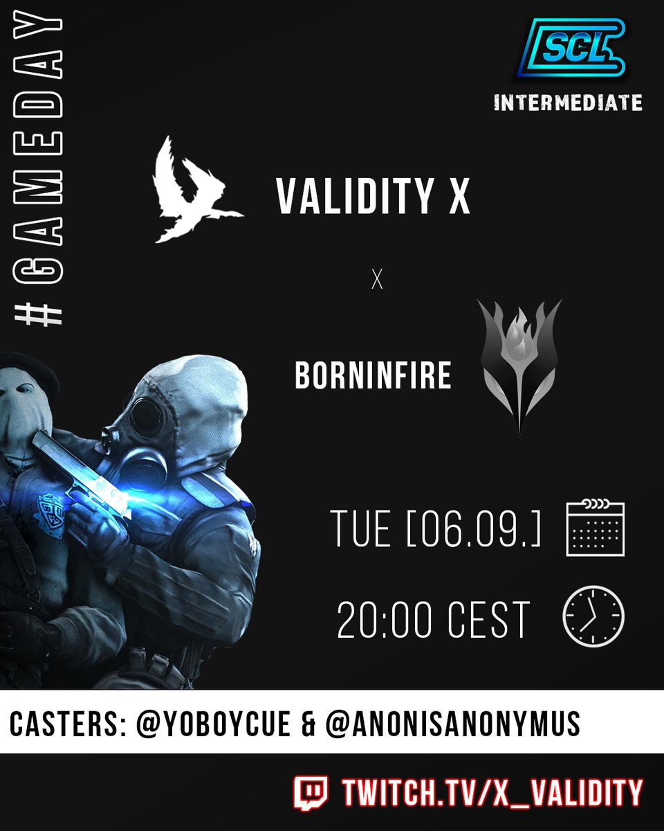 X_Validity's tweet photo. Today we meet in @scleague_net IM 🔥
🆚@_Born_in_Fire_ 
🕒 18:00 GMT / 20:00 CEST
🎙️ @YoBoyCue  &amp; @anonisanonymus 🍿
📺 https://t.co/IJDKqnx1Fr
Can we finally get a win on SCL? We will be playing with 2 standins. 😤 Come, join us tonight! https://t.co/alfCdPiX7o