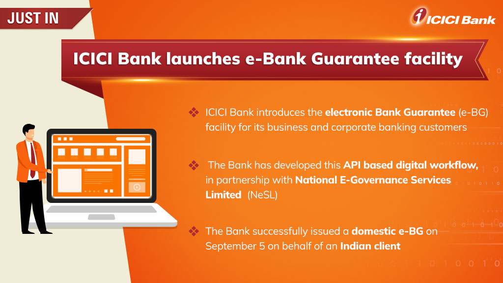 ICICIBank's tweet photo. #JustIn: ICICI Bank announces the launch of electronic Bank Guarantee (e-BG) facility in partnership with National E-Governance Services Limited (NeSL).

#eBankGuarantee #DigitalBanking #BanktoBankTech https://t.co/W8PjF9aTmi
