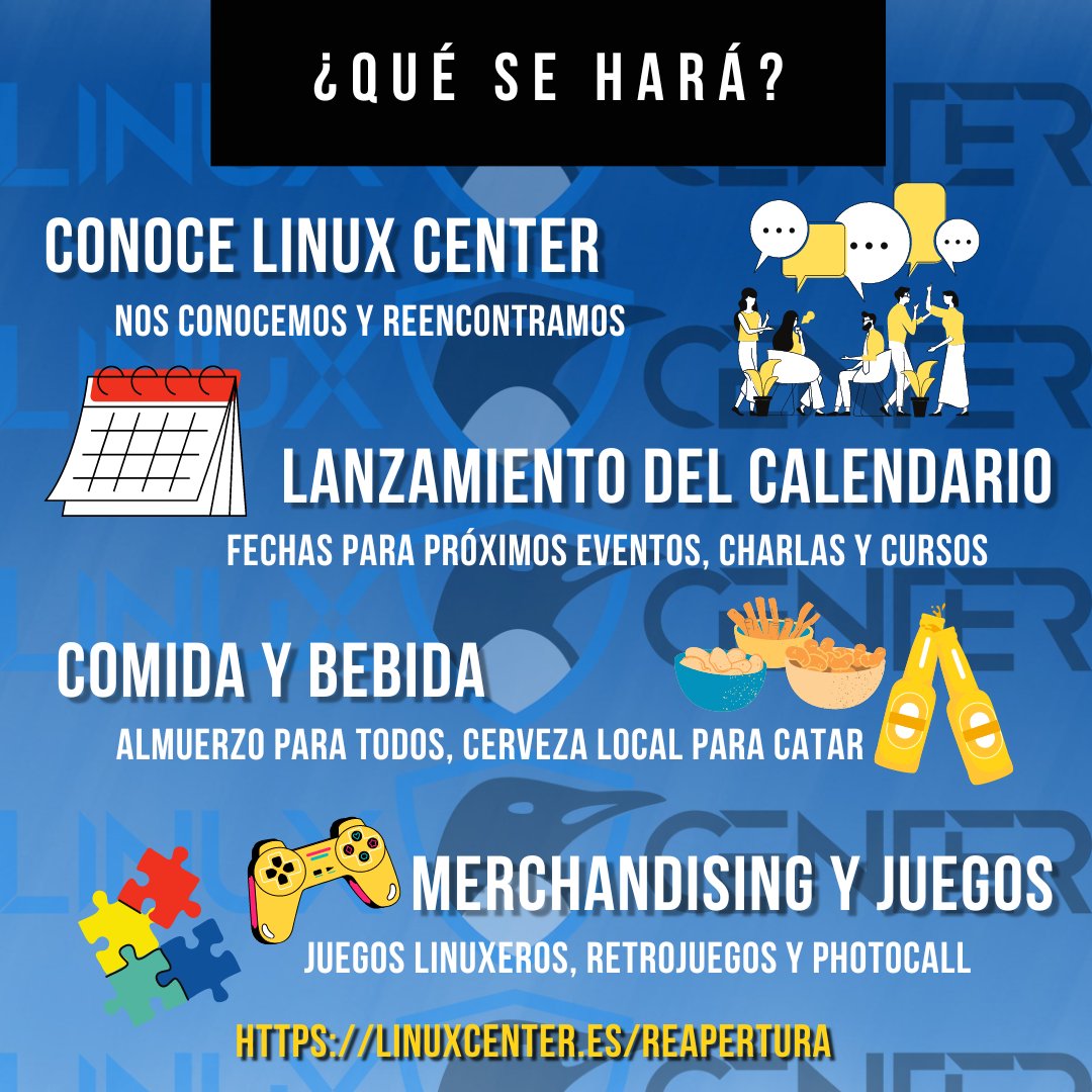 LinuxCenterES's tweet photo. 🔊💥REAPERTURA LINUX CENTER 🐧🫂
SÁBADO 10 de SEPTIEMBRE, ven a almorzar y conocer el nuevo calendario que lanzamos 🗓️

Talleres, charlas, eventos... Apúntate para no perder la plaza 🤫 SON LIMITADAS !

Toda la información y dónde apuntarse en el link 👇
https://t.co/5zPGgnlA7N https://t.co/tNjtURcGBY