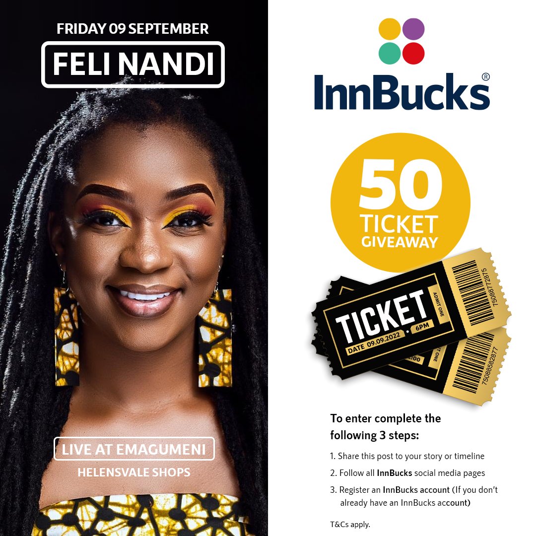 Inn_Bucks's tweet photo. Win a ticket to @NandiFeli live in concert! #InnBucks is giving away 50 tickets. 
To enter complete these 3 steps:

1. Retweet this post 
2. Follow all InnBucks social media pages
3. Register an InnBucks account (If you don’t already have one)

T&amp;Cs apply. https://t.co/R7EqIxAV2s