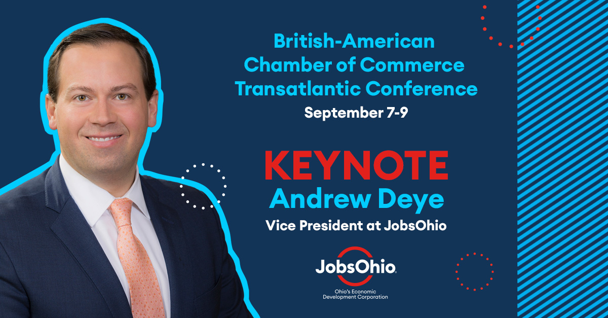 JobsOhio's tweet photo. This is why we're excited to sponsor the British-American Chamber of Commerce Transatlantic Conference tomorrow, complete with a keynote from our VP @Andrew_Deye! See you in @TheCLE. 👋 @BritAmBusiness #BATC2022 #FDIOhio https://t.co/UAWIw1i9T6