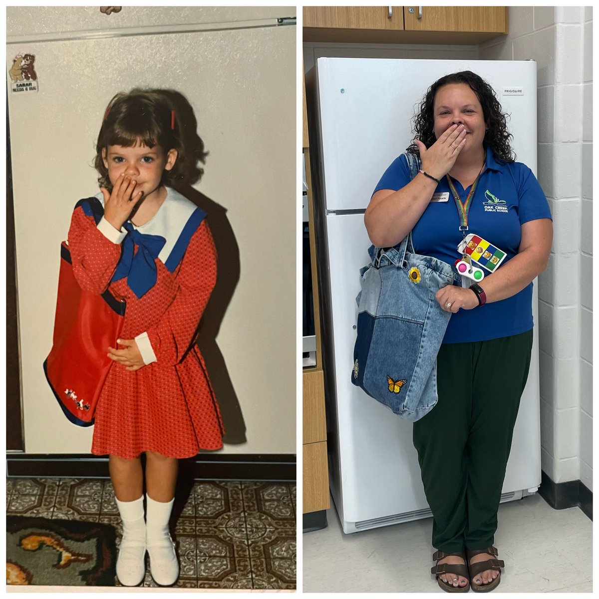 MsWillettR's tweet photo. 1st day of Kindergarten vs. 1st day at @oakwrdsb. #OwlCommunity #OCPride @wrdsb #WRDSBfirstday #FirstDayPhotoChallenge #FirstDayOfSchool https://t.co/chsfa7bMZ9