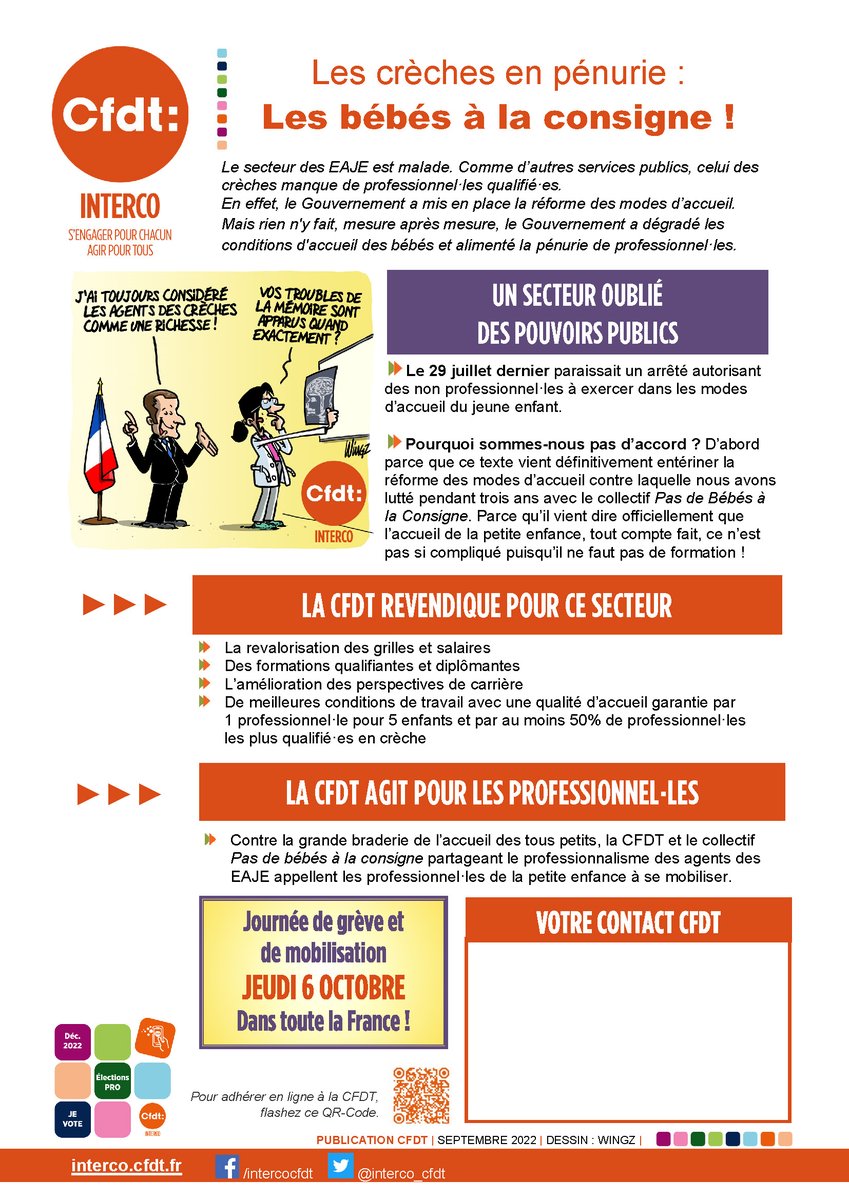 interco_cfdt's tweet photo. Contre la grande braderie de l’accueil des tous petits, la #CFDT et le collectif Pas de bébés à la consigne appellent les professionnel·les de la petite enfance à se mobiliser le jeudi 6 octobre. Télécharger le tract >>> https://t.co/hg50VWE2fV https://t.co/d0jyb8041Q