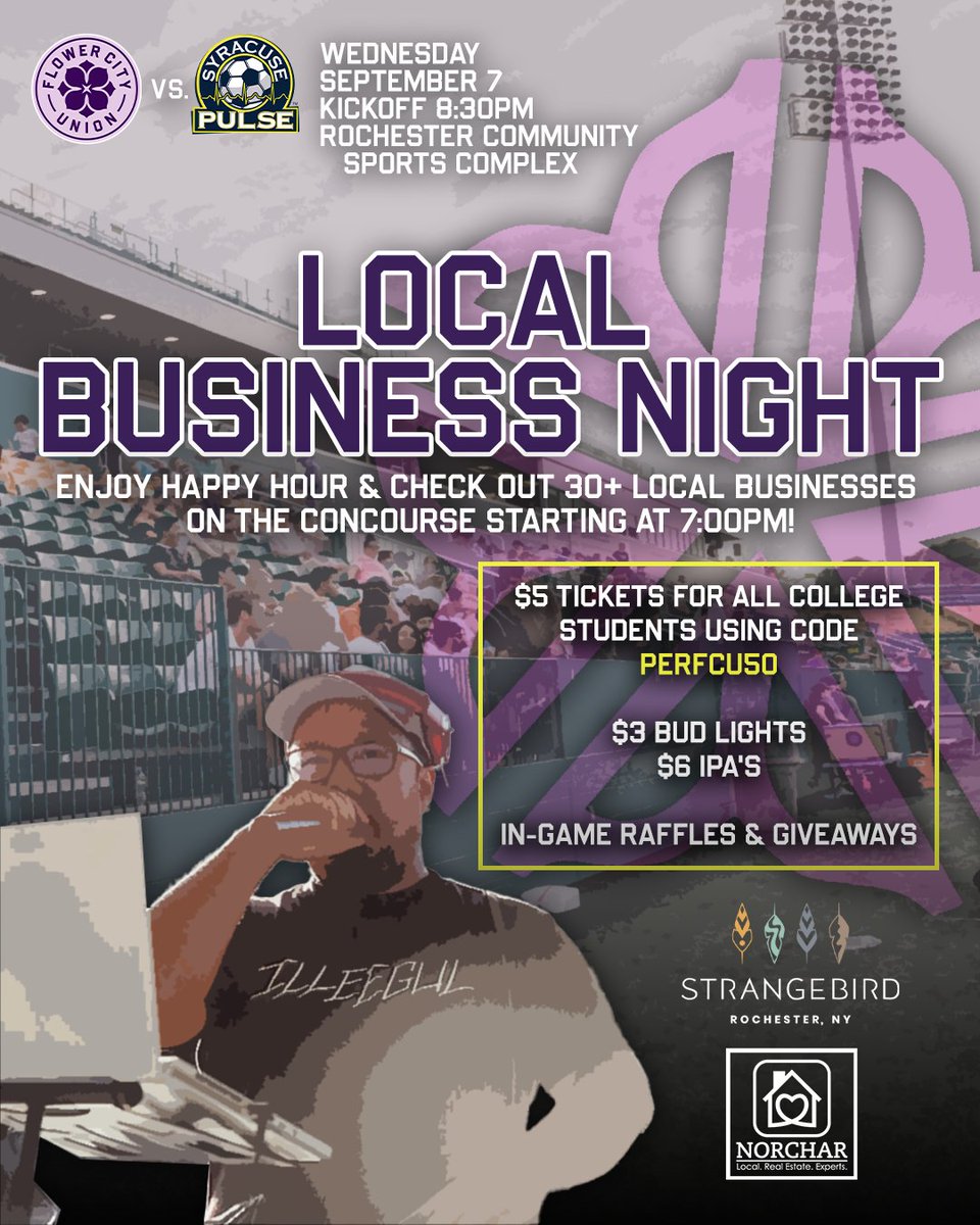College student special at <a href="/FlowerCityUnion/">Flower City Union🏆</a>'s Local Business Night! Tomorrow, September 7th, kickoff at 8:30pm. #ExploreROC