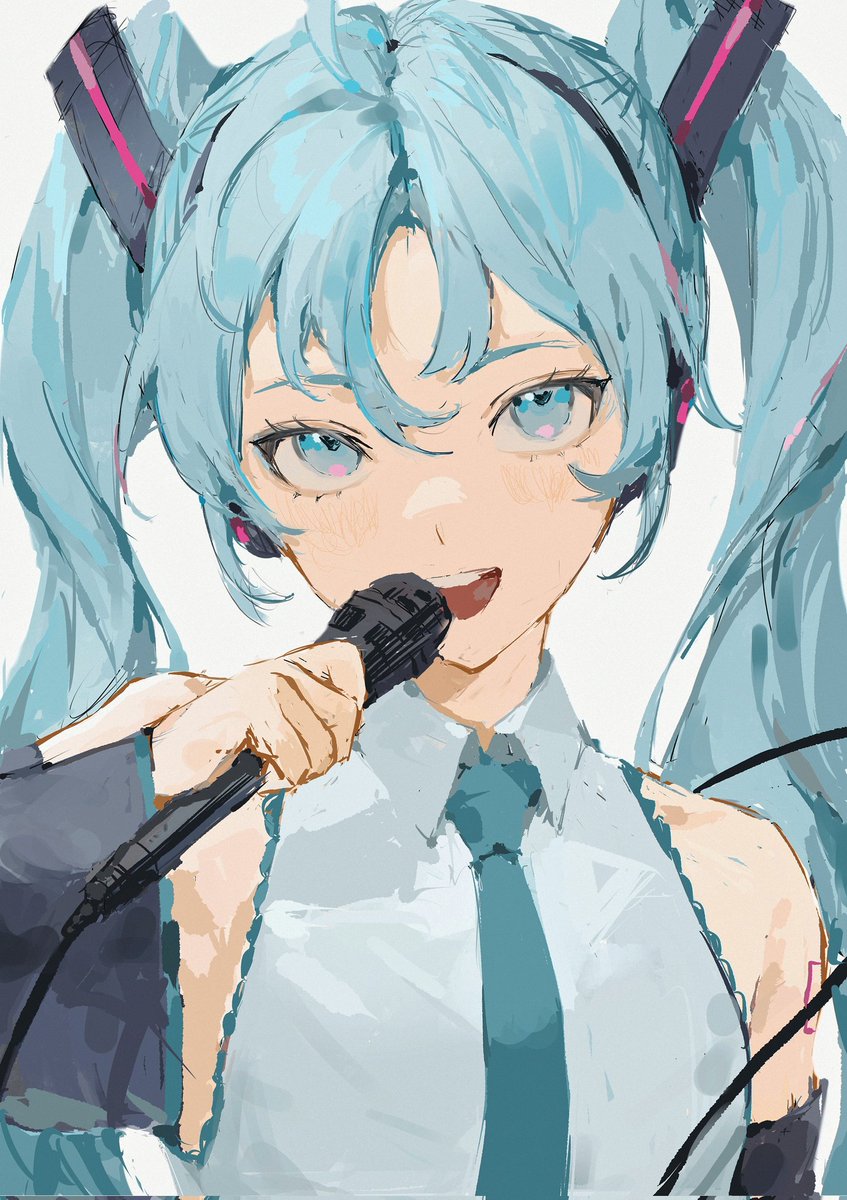 hatsune miku 1girl solo microphone twintails necktie holding long hair  illustration images
