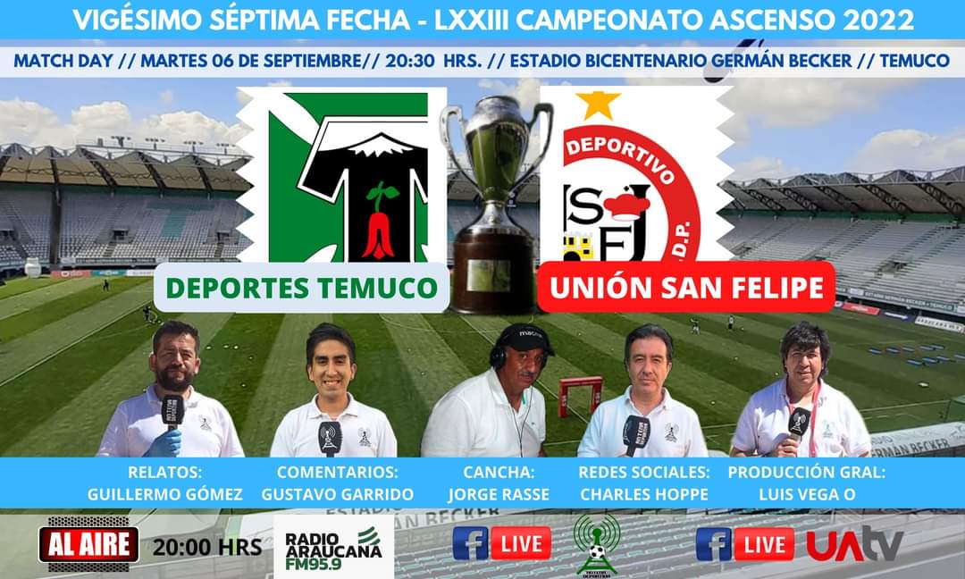 Hoy desde las 20 horas: DEPORTES TEMUCO vs UNIÓN SAN FELIPE a través de TODAS NUESTRAS PLATAFORMAS