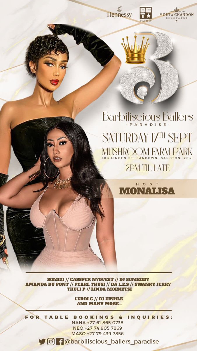 BarbilisciousP's tweet photo. Brace Yourself For An All Premium Elite Luxury Experience Of A Life Time At The #BarbilisciousBallersParasise 🥂 Featuring #Monalisa

TABLE BOOKINGS : +27 61 865 0738 Unam | +27 74 905 7869 Neo | +27 79439 7856 Maso

#SpeakToYourBanker 
#BarbilisciousBallersParadise https://t.co/cvsiEE9Tp9