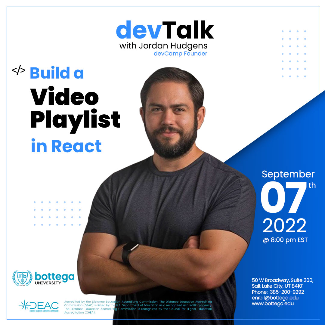 BottegaTech's tweet photo. Join us Wednesday, Sep 7th, 2022 at 8:00pm EST - Jordan Hudgens teaches us how to Build a Video Playlist in React!

This is not an event you will not want to miss!

https://t.co/da06MKHlco

Visit the link and join the zoom meeting!

#bottega #bottegauniversity https://t.co/ZsgPPZyKXE