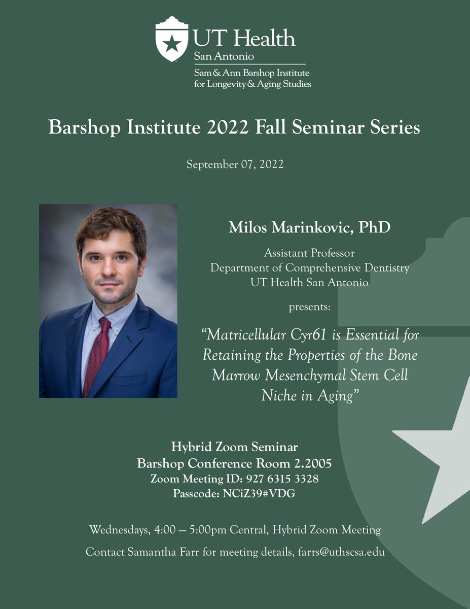 UTHealthBarshop's tweet photo. Join us Wed. Sep 7th at 4pm Central for our hybrid seminar series.
Milos Marinkovic, PhD presents:
"#Matricellular #Cyr61 is Essential for Retaining the Properties of the Bone Marrow #Mesenchymal Stem Cell Niche in Aging."
More info: https://t.co/MznmNmVRJI
#barshopseminarseries https://t.co/uIvSG8EKQu