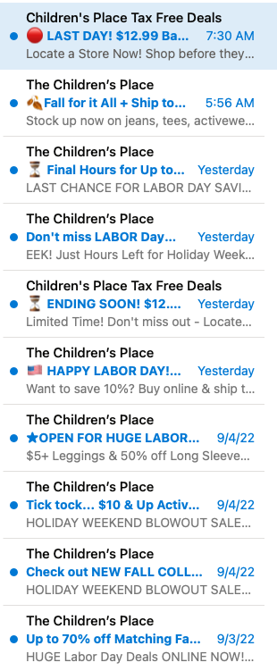 GThomasPhD's tweet photo. @childrensplace I can't decide if the amount of times you email me in a single day speaks to how forgetful you think I am or how fast you think my kid grows.  But, seriously .... it's not necessary to email multiple times every day. https://t.co/VA5S47MSt2