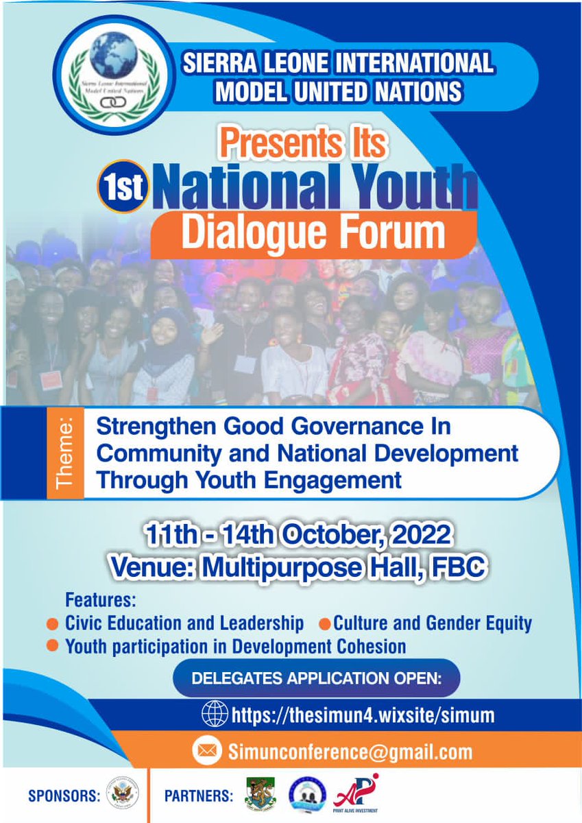 simunteam's tweet photo. @simunteam in partnership with @USEmbFreetown set it organize #1st_National_Youth_Dialogue_Forum
Apply Now
https://t.co/oKTKRJAlbg

THEME: "Strengthening Good Governance in Community and National Development Through Youth Engagement."

DATE: 11th -14th October, 2022
VENUE: FBC https://t.co/BT9URtp57r