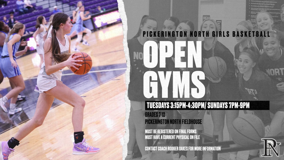 Pickerington North Athletics (@pnathletics) on Twitter photo Are you interested in playing girls basketball?🏀
<a href="/PNGirlsBBall/">PNGirlsBball</a> is hosting Open Gyms starting TODAY!
When: Tuesdays 3:15-4:30PM and Sundays 7-9PM
Where: Pickerington North Field House
Who: Grades 7-12
For more information please contact Coach Rodger Oakes Are you interested in playing girls basketball?🏀
<a href="/PNGirlsBBall/">PNGirlsBball</a> is hosting Open Gyms starting TODAY!
When: Tuesdays 3:15-4:30PM and Sundays 7-9PM
Where: Pickerington North Field House
Who: Grades 7-12
For more information please contact Coach Rodger Oakes