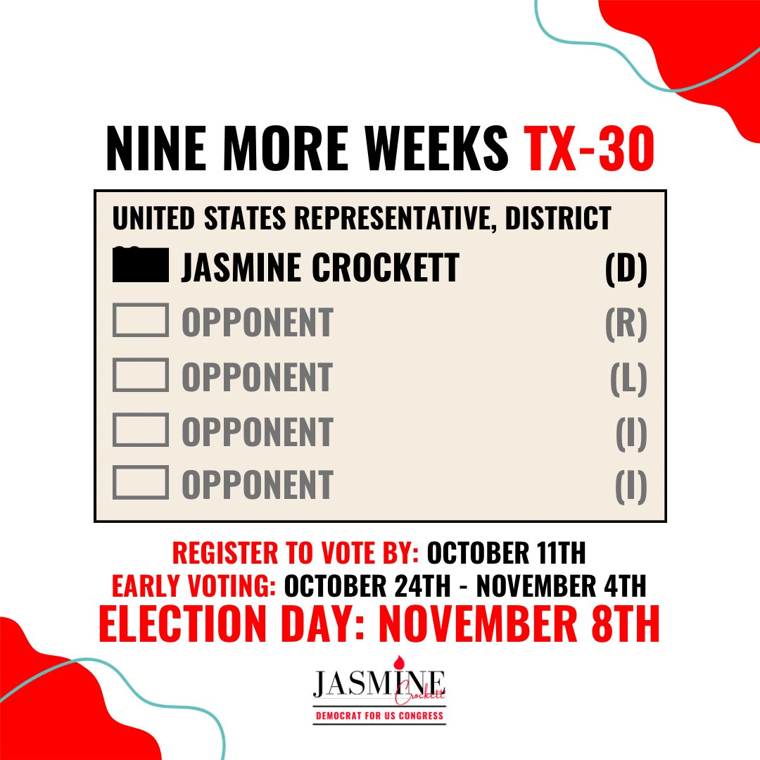 JasmineForUS's tweet photo. With just 9 Tuesdays left until the most important Tuesday of 2022…#ElectionDay…I’m reaching out with a very important reminder:

The race for #TX30 isn’t over!

4 opponents, 2 counties, and nearly 1 million North Texans to engage before the season is up…help us finish strong! https://t.co/Uuky2Wzxsf