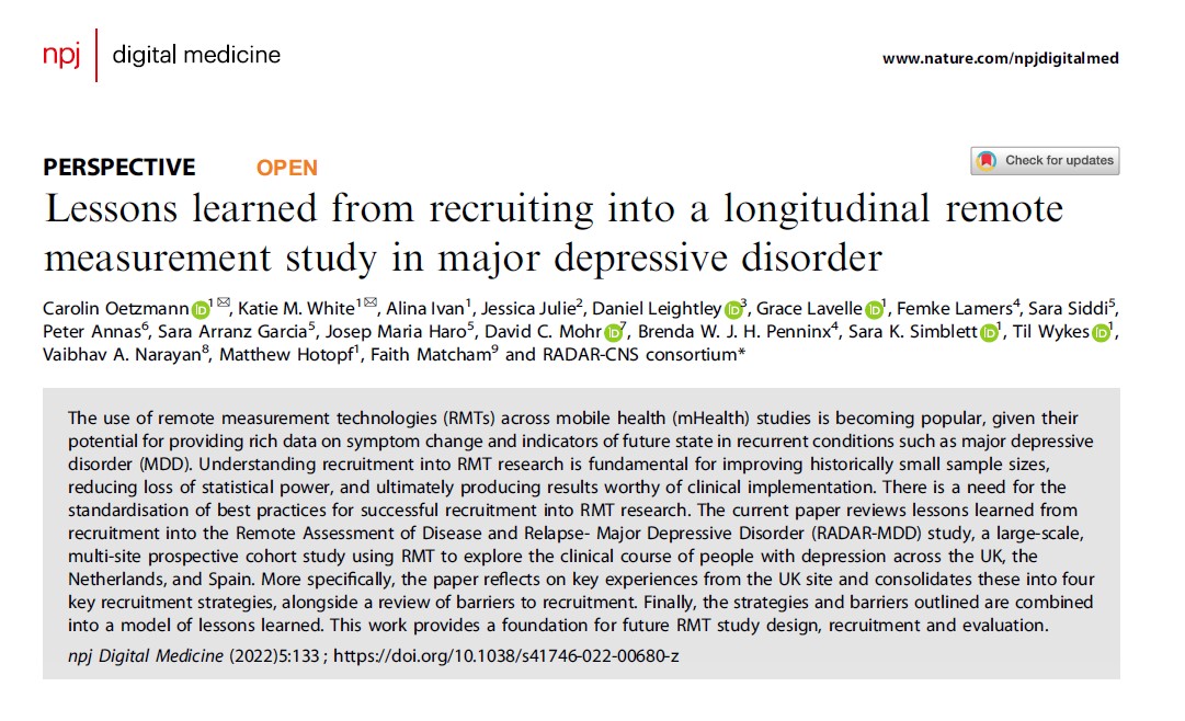 Recruiting into studies utilizing remote measurement technologies has unique opportunities and challenges. @Coetzmann, <a href="/_katiewhite94/">Katie White</a> et al. from <a href="/RADARCNS/">RADAR-CNS</a> review the lessons learnt in recruiting into a large multi-site study with such technologies.

nature.com/articles/s4174…