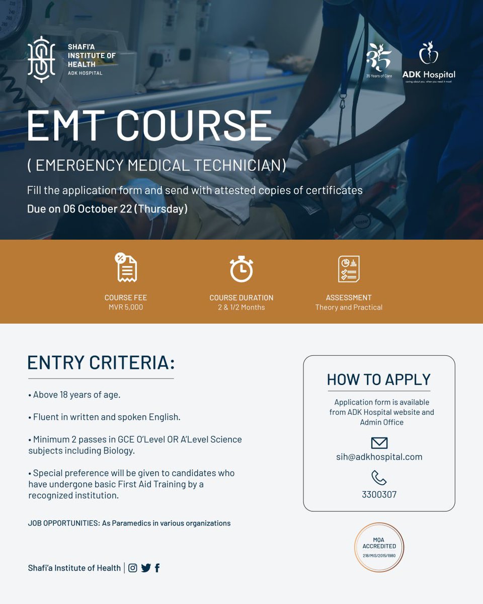 Intake now open for the 3rd batch of EMT course. 
Shafi'a Institute of Health - <a href="/ADKHospital/">ADK Hospital</a> 

To apply click here: adkhospital.mv/en/page/sih/em…

#ShafiaInstituteofHealth #ADK35