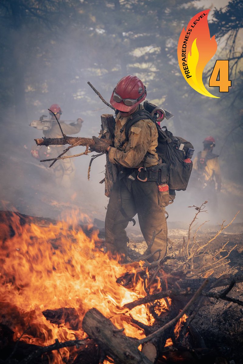 BLMFire's tweet photo. This morning, the National Multi-Agency Coordinating Group has increased the National #PreparednessLevel to 4. This is due to hot, dry & windy conditions forecasted for the foreseeable future & wildfires exhibiting extreme to advanced fire behavior. #FireYear2022 https://t.co/7LOOd2FWDP