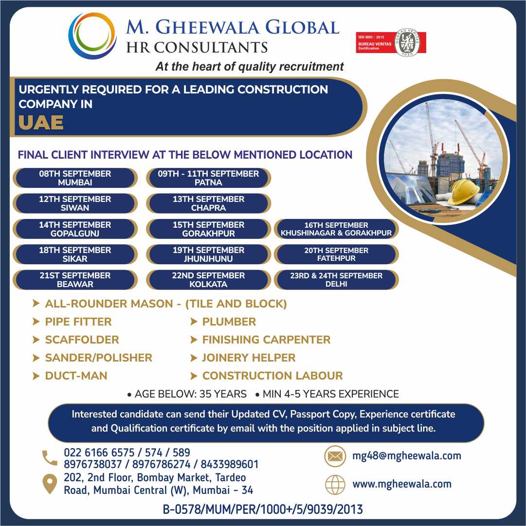 mgheewala_hrc's tweet photo. Job Vacancies for #UAE

Interested Candidates can send the updated resume to mg48@mgheewala.com

Learn More https://t.co/Ps4bxv2mB1

#dubaijobs #ethicalrecruitment #allroundmason #plumber #pipefitter #scaffolder #ductman #finishingcarpenter #tilemason #blockmason #construction https://t.co/XGEP2kd8XP
