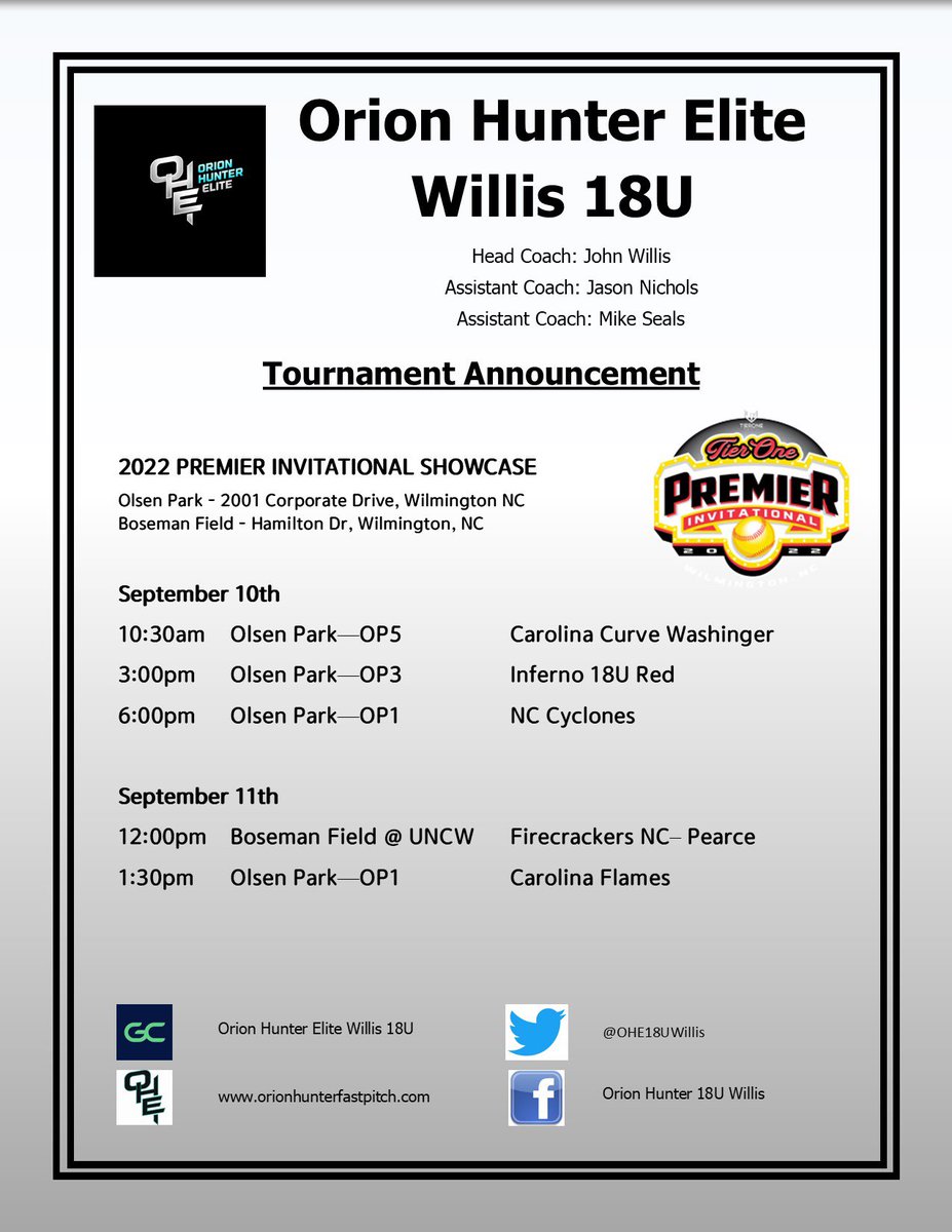 bartoli2024's tweet photo. Here’s my schedule for this weekend at the Tier One Premier Invitational in Wilmington, NC! Hope to 👀 you there! @ChowanSoftball @FAYTECHCC @PackSoftball https://t.co/wzwg8n69nu