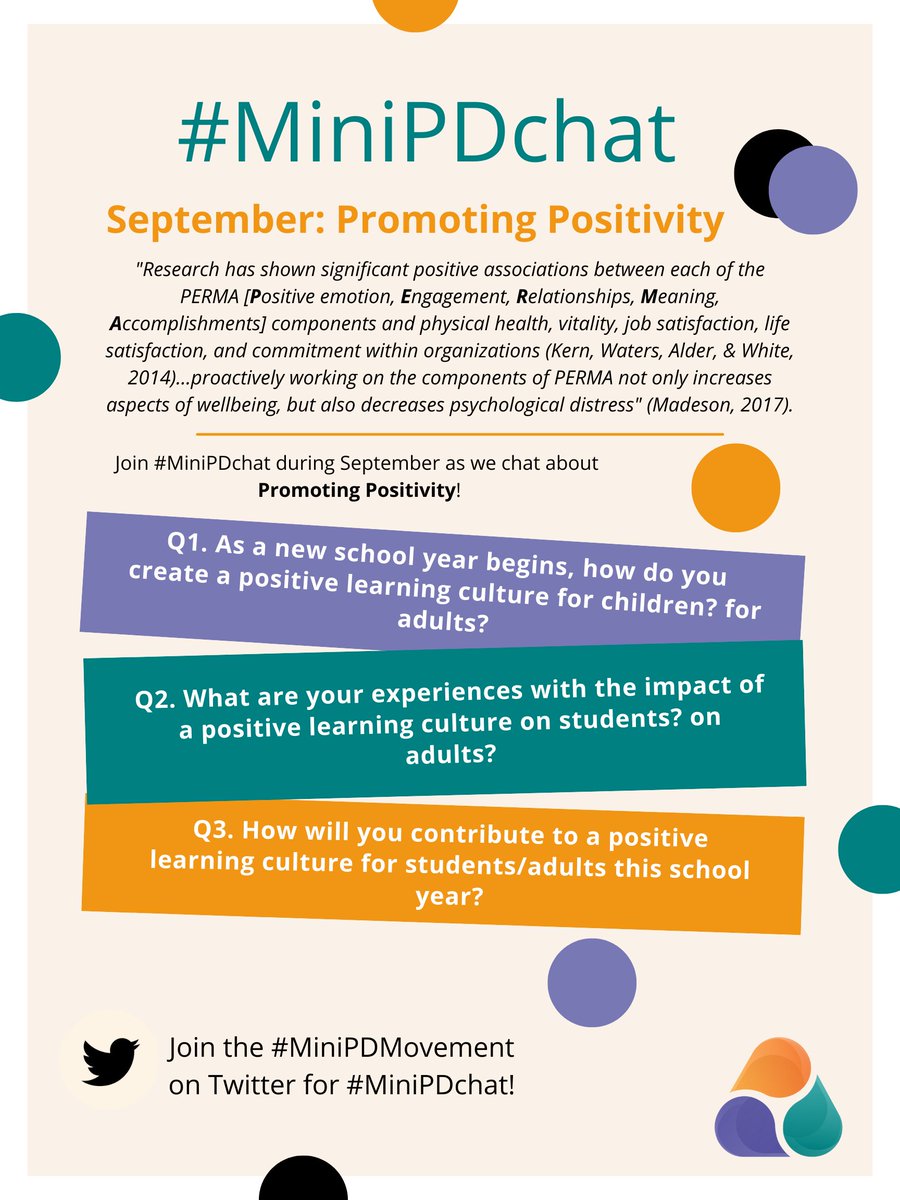 MyMiniPD's tweet photo. 📣Our monthly #MiniPDchat happens tomorrow (the first Wednesday of the month). In September we connect on the topic of Promoting Positivity. 

❓Here are the Qs! 

🤔Start preparing your As!

#PYPChat #MYPChat #DPChat #NESAChat #EdChat #CPChat #IntlEd #GlobalEdChat https://t.co/RcvQ0tF3rv