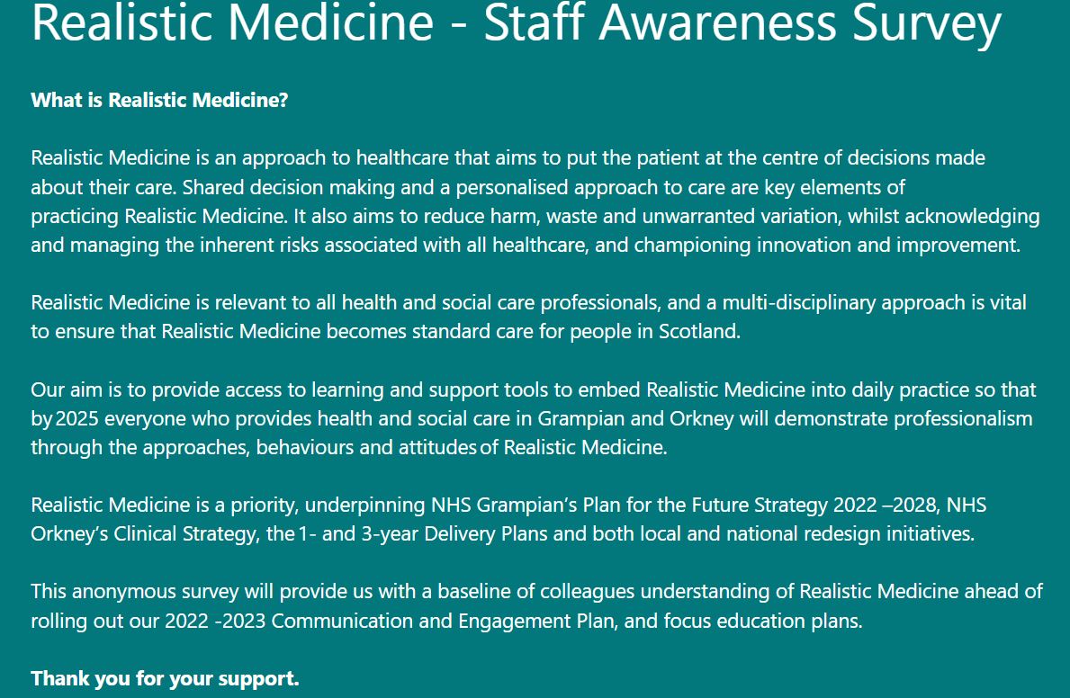 MedicineNhs's tweet photo. Our staff awareness survey was in yesterday's Daily Brief. If you missed it, please look back and complete it or comment below for a link. Open until 16/09/22.
It'll be in HSCP, Primary Care and Pharmacy bulletins too.
#RealisticMedicine
#ItsNotNew
#WeKnowYouAreDoingIt https://t.co/RMBqO4uibg
