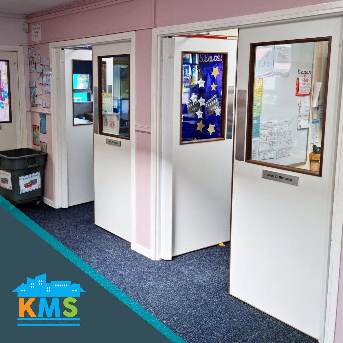 Konceptmsl's tweet photo. This school starts new term with a fresh clean look thanks to KMS. We supplied &amp; fitted fire doors, digital locks &amp; push pad openers, air conditioning units &amp; decorated inside &amp; out. All in time for the new term to begin. Book us for next term on 0121 769 1019. #education #kms https://t.co/UqvyOa2CyN