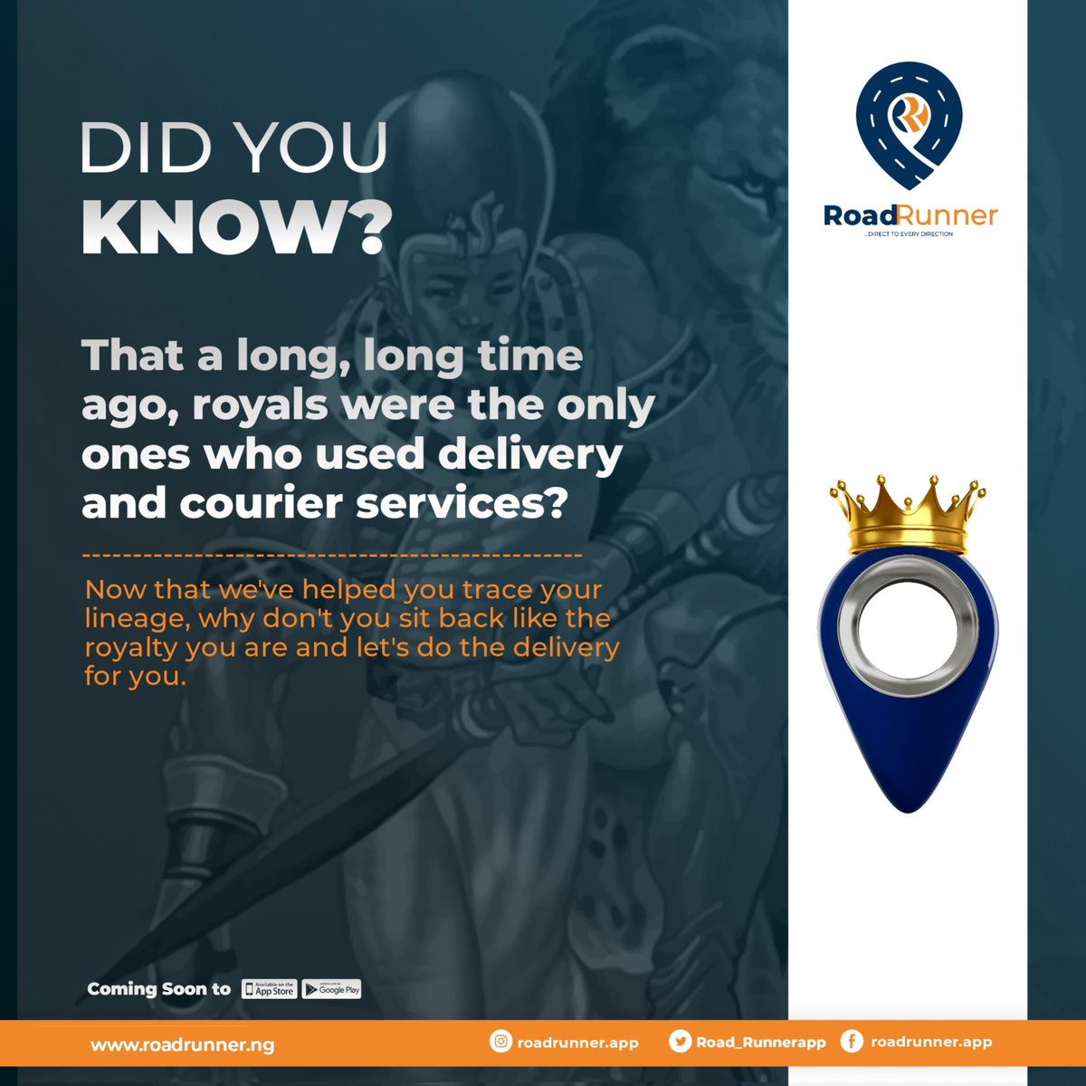 Road_Runnerapp's tweet photo. Only #roadrunnerapp can bring out the royalty in you. You deserve to relass and be taken care of.
#roadrunnerapp #comingsoon #delivery #deliveryservice #deliverycompanyinabuja #logistics #techandlogistics #deliveryinabuja #abujadeliveryservice #deliverywithinabuja https://t.co/nQAZ6Ups6P