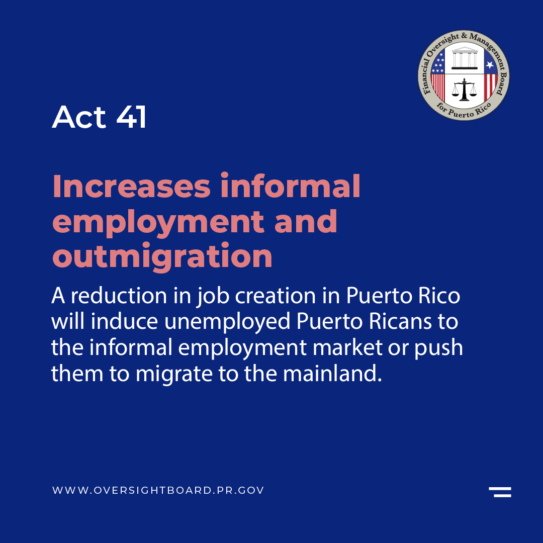FOMBPR's tweet photo. PR made substantial progress towards fiscal stability & economic growth. Act 41 would set PR back. Its purpose is to reverse labor reforms aimed at increasing employment. #FOMBPR found it would lead to fewer jobs, outmigration, declining economic growth & lower tax revenue. https://t.co/uyTbIkoA7L