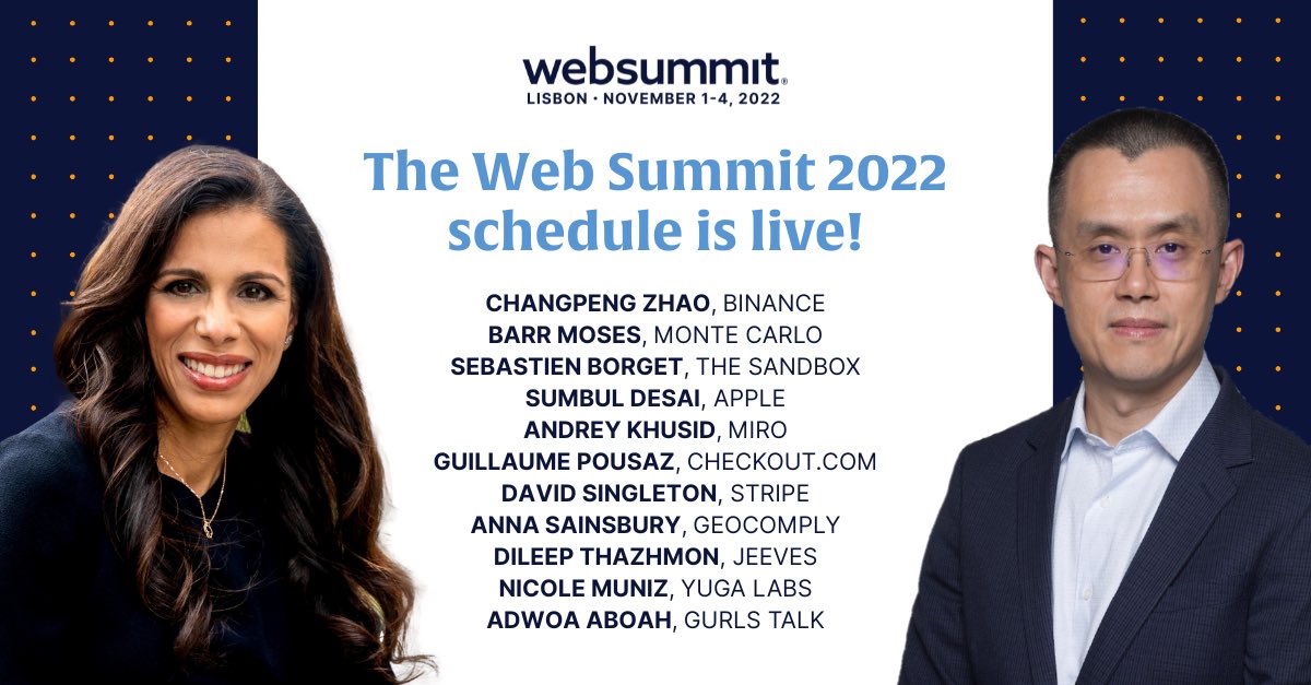 WebSummit's tweet photo. We have some of the biggest speakers in the world joining us in Lisbon this year for #WebSummit 2022! 😱

Check out all the topics they’re covering now – over on our schedule! 👇
https://t.co/kBVAa062Yp https://t.co/xl6T6zruoA