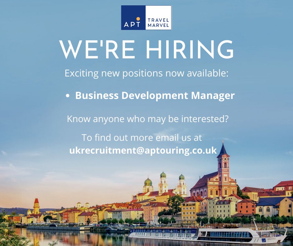 WE ARE RECRUITING:

APT luxury river cruises &amp; touring are recruiting for two passionate and sales hungry BDM’s to grow sales and drive our retail partner activity. Positions available:

BDM - Midlands

BDM - North

Come and join a world class travel company!