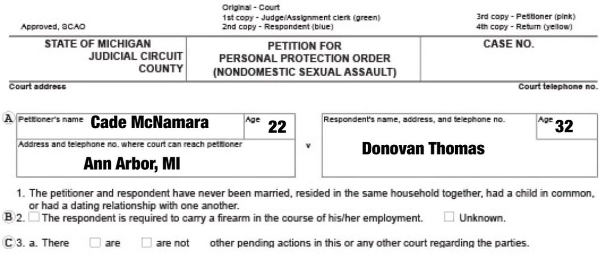 BaconWire's tweet photo. BREAKING: Michigan QB Cade McNamara has filed a PPO against Don Thomas... in a statement, McNamara's lawyers list Thomas quoting Ronald Reagan at 3 AM as the primary motivator for the court filing https://t.co/2Gm5rvNZKW