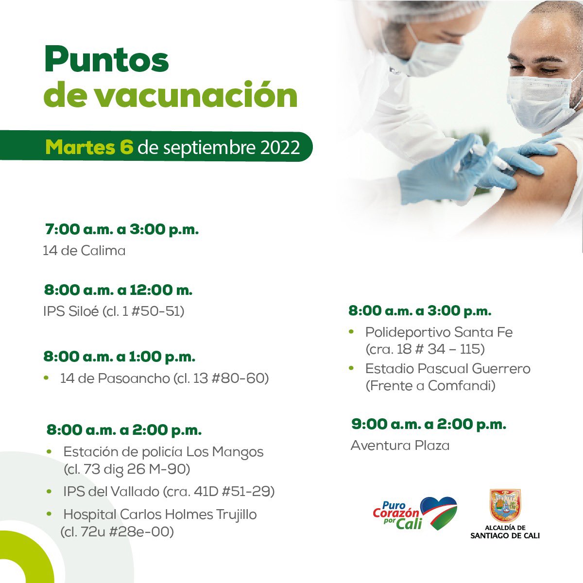 PlugStereo's tweet photo. Estos son los puntos de vacunación contra el covid-19 para hoy martes 06 de septiembre. 💉 https://t.co/zCQ3rGnaCl