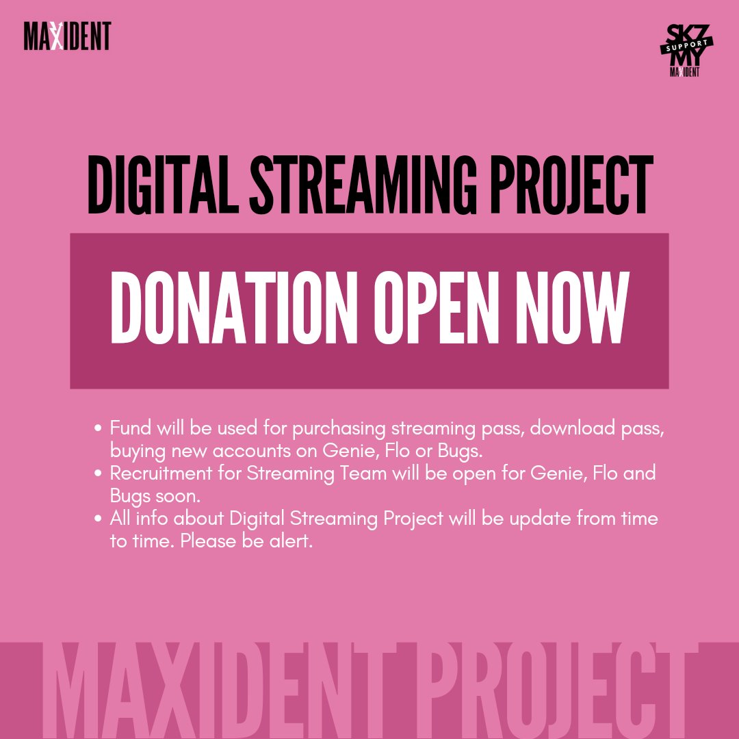 SKZMYSupport's tweet photo. 📍DONATION: Digital Streaming Project 💗

Spare your fund to our Digital Streaming Project and we will use it for the project.

🔗: https://t.co/JHjnLM2KiA

#MAXIDENT #MAXIDENT_COMINGSOON
#StrayKids #스트레이키즈 @Stray_Kids https://t.co/6e1gQQ6edU
