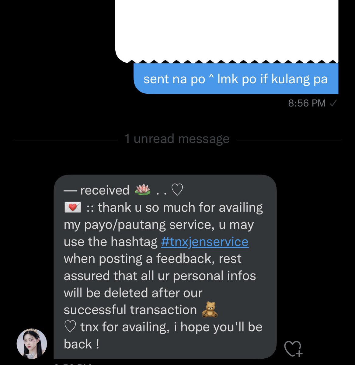 pjhaul's tweet photo. 💌 ┊@jenservice_ .ᐟ

overdue feedbacks but still thank you so much for letting me avail as always ! vouching her super accommodating and understanding 🥹🤍

. . . #tnxjenservice  ◡̈ https://t.co/hsge0HX5va