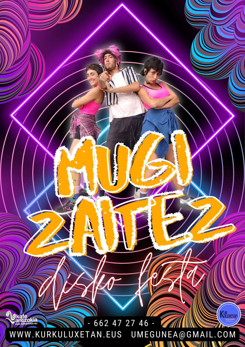 "MUGI ZAITEZ”Disko Festa berria🎉
Haurrentzako jaietarako prestaturiko disko dantzaldi berri bat!  Gure Kuli DJ-ak🕺 pil-pilean dauden abestiak pintzatzen ditu🎧, gehienak euskaraz, eta Pili eta Milik👯‍♀️ dantzatzen dituzte koreografia errazak eginez, jendeak jarraitu ahal dezan.