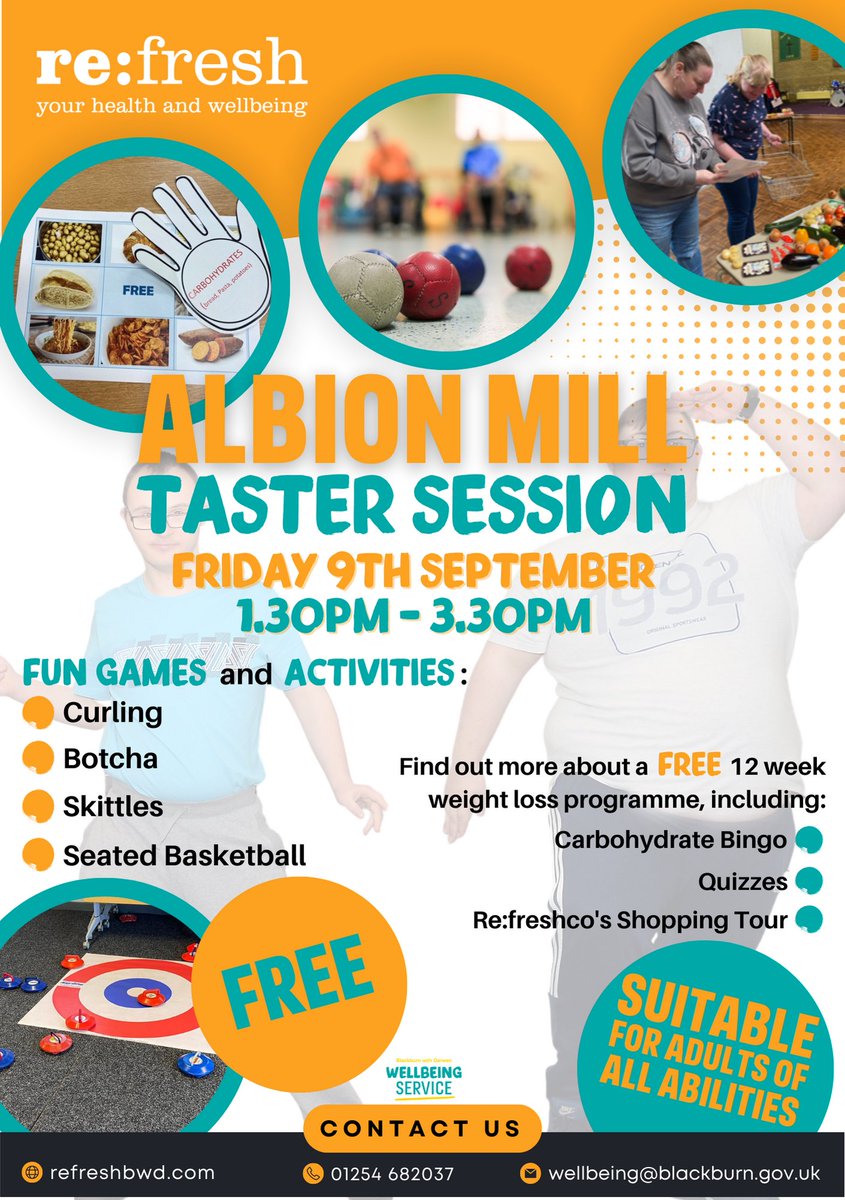 refreshbwd's tweet photo. Come down to Albion Mill on Fri 9th Sep, 1.30 – 3.30pm to try out some fun games and activities like curling, botcha and skittles!
 
You can also find more information on our FREE 12 week weight loss programme. 
 
For more info, call 01254 682037 or visit https://t.co/xcCkFuiE7e https://t.co/QUjQnhMdvC