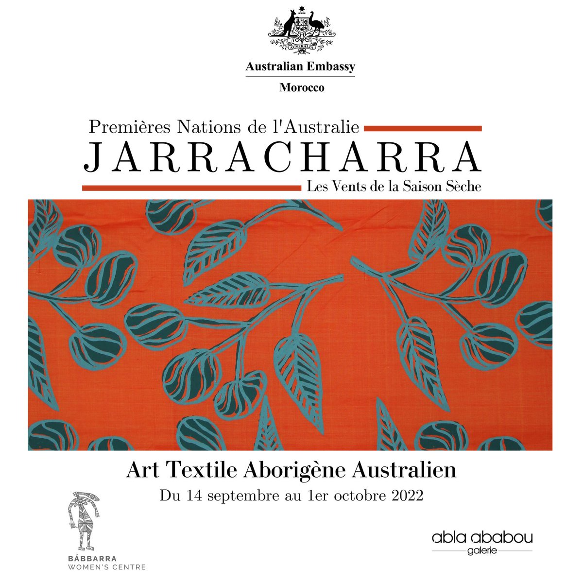 ablaababougale1's tweet photo. Du 14 septembre au 1 er octobre 2022, l’ambassade d’Australie au Maroc, en collaboration avec la Galerie Abla Ababou à Rabat, exposent une collection d’œuvres textiles réalisées par des femmes aborigènes.
#collaboration #exhibition #aborigenes #saisonseche #australie #artextile https://t.co/4aYt4Euw0U