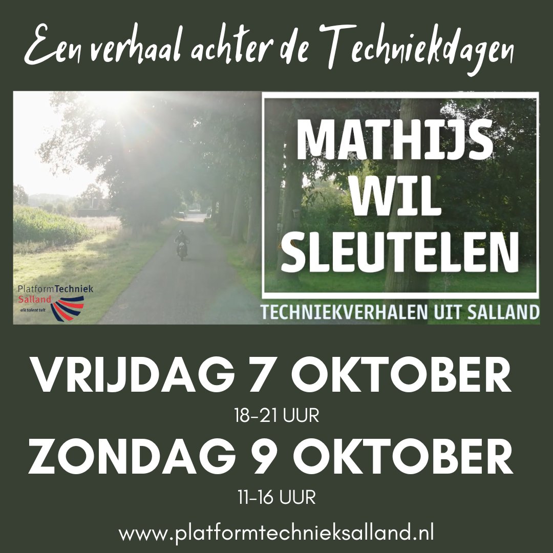 Techniekdagen 2022: we vertellen je graag het verhaal van Mathijs, want hij wil graag sleutelen. Een verhaal achter de #Techniekdagen: youtu.be/NgAhTfG5prA

Kom je ook langs op 7 en 9 oktober?

#technieksalland #techniekonderwijs #toekomstindetechniek #droombaan