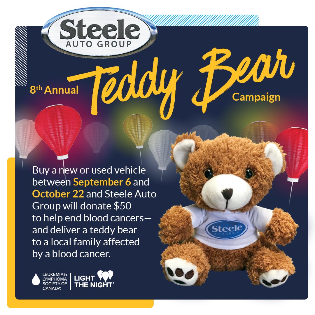 steeleauto's tweet photo. We are excited to announce that our 8th Annual 🧸Teddy Bear Campaign in support of The Leukemia & Lymphoma Society of Atlantic launches today.
Full post: https://t.co/l7MXXFvUhy
#SteeleAutoGroup #WhySteeleAuto #SteeleTeddyBearCampaign #LLSC @LLSCanada https://t.co/sgNCZ5gzg7