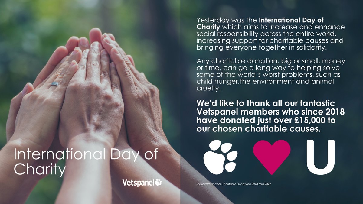 Vetspanel's tweet photo. As yesterday was the International Day of Charity we'd like to take this opportunity to thank all our Vetspanel members who have donated over £15,000 to our chosen charities since 2018. 

#internationaldayofcharity https://t.co/LWcVCDcpB3